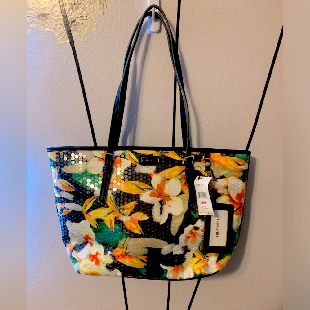 Nine West Sequin Floral Leather Tote New With Tags Absolutely Gorgeous
